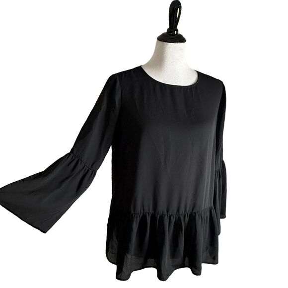 J. Crew‎ Bell Sleeve Peplum Top Women Size S Black Flowy Keyhole Preppy Casual - Picture 1 of 12